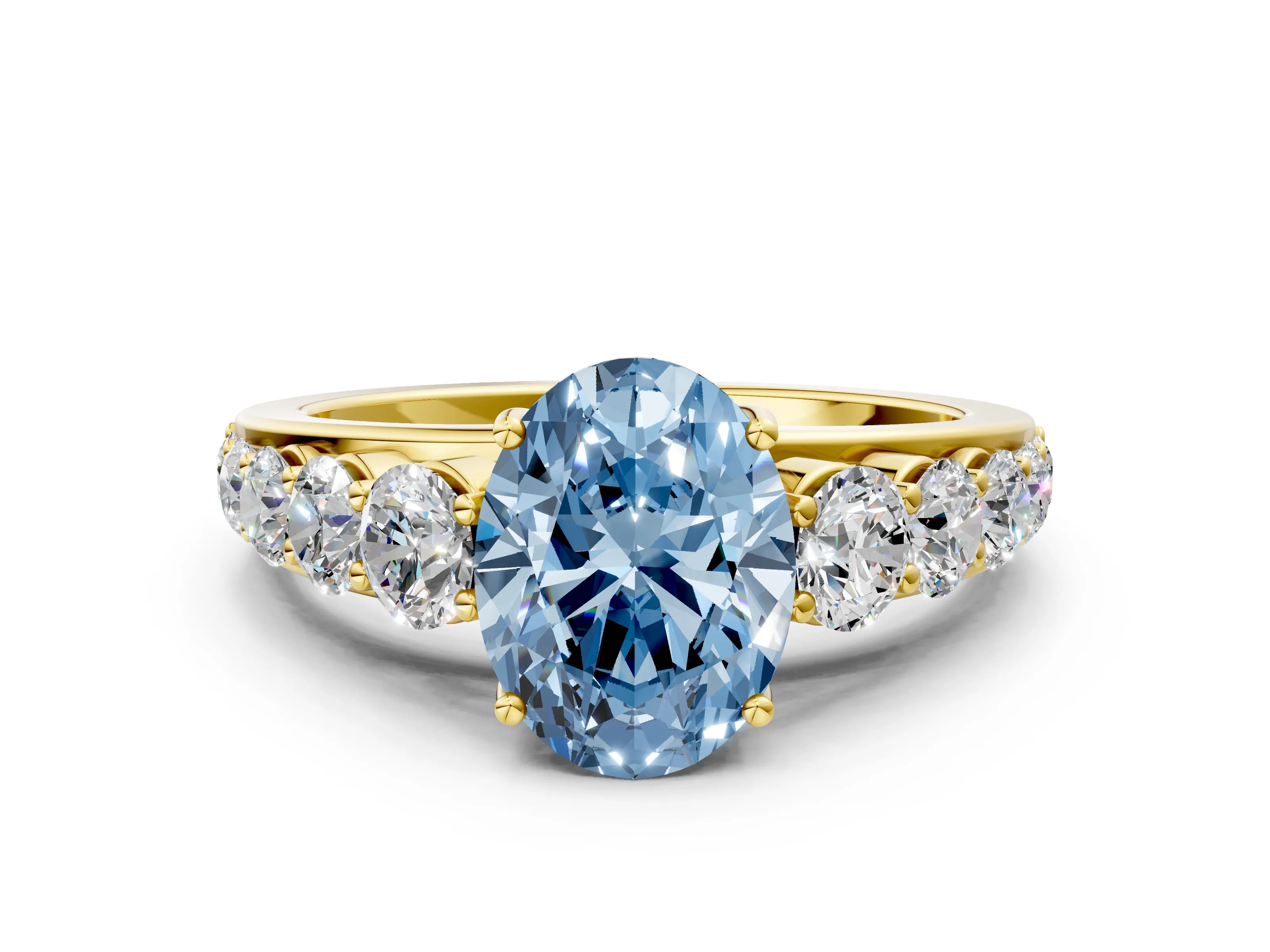 Yellow gold Fancy Blue Oval Cut Brilliant Diamond Pavé Band with Six-Prong Setting