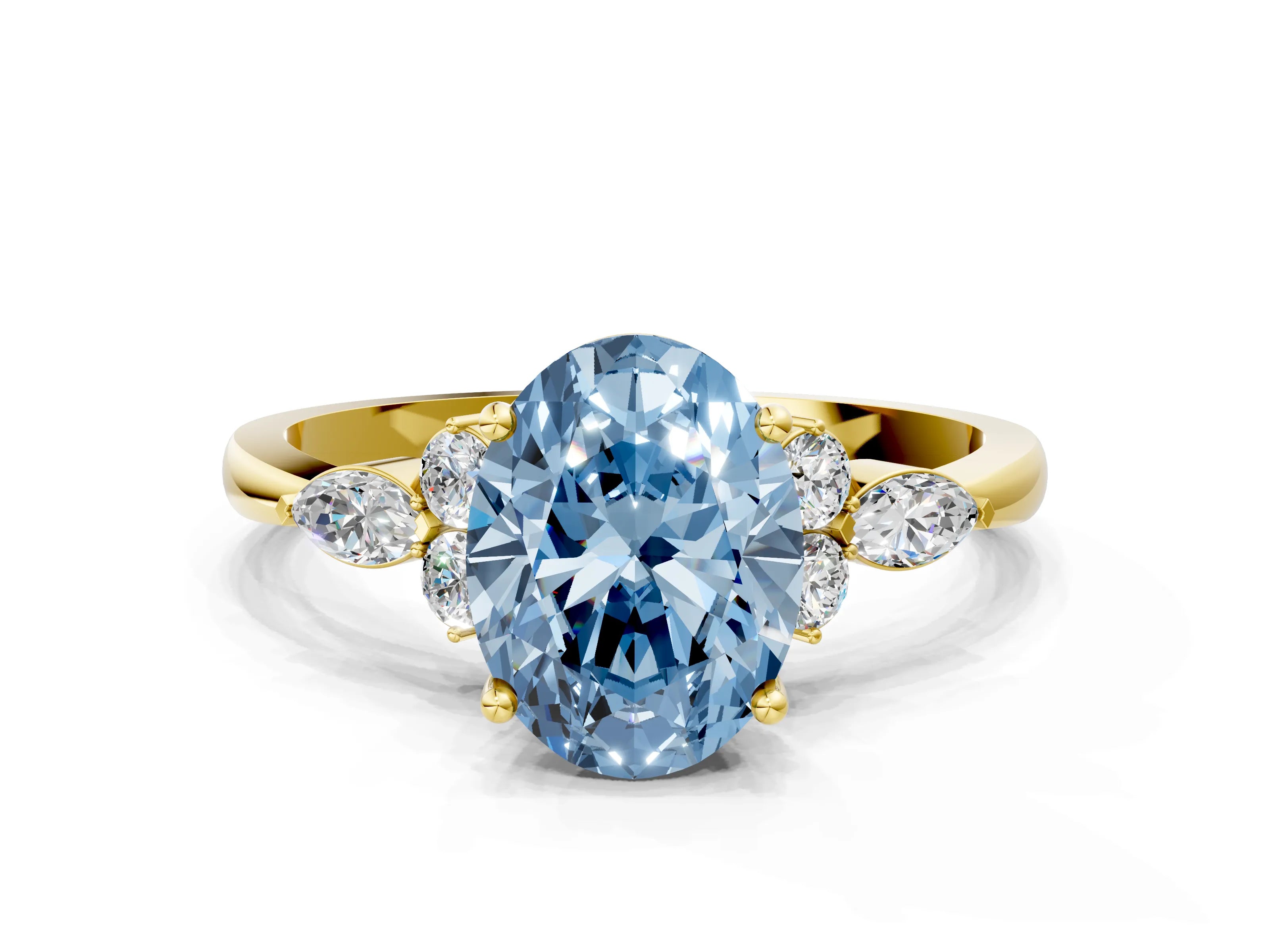 Yellow gold Fancy Blue Oval Cut Brilliant Diamond Solitaire Ring with Pear Side Stones and Four-Prong Setting_3