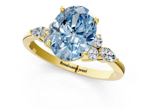 Yellow gold Fancy Blue Oval Cut Brilliant Diamond Solitaire Ring with Pear Side Stones and Four-Prong Setting_4