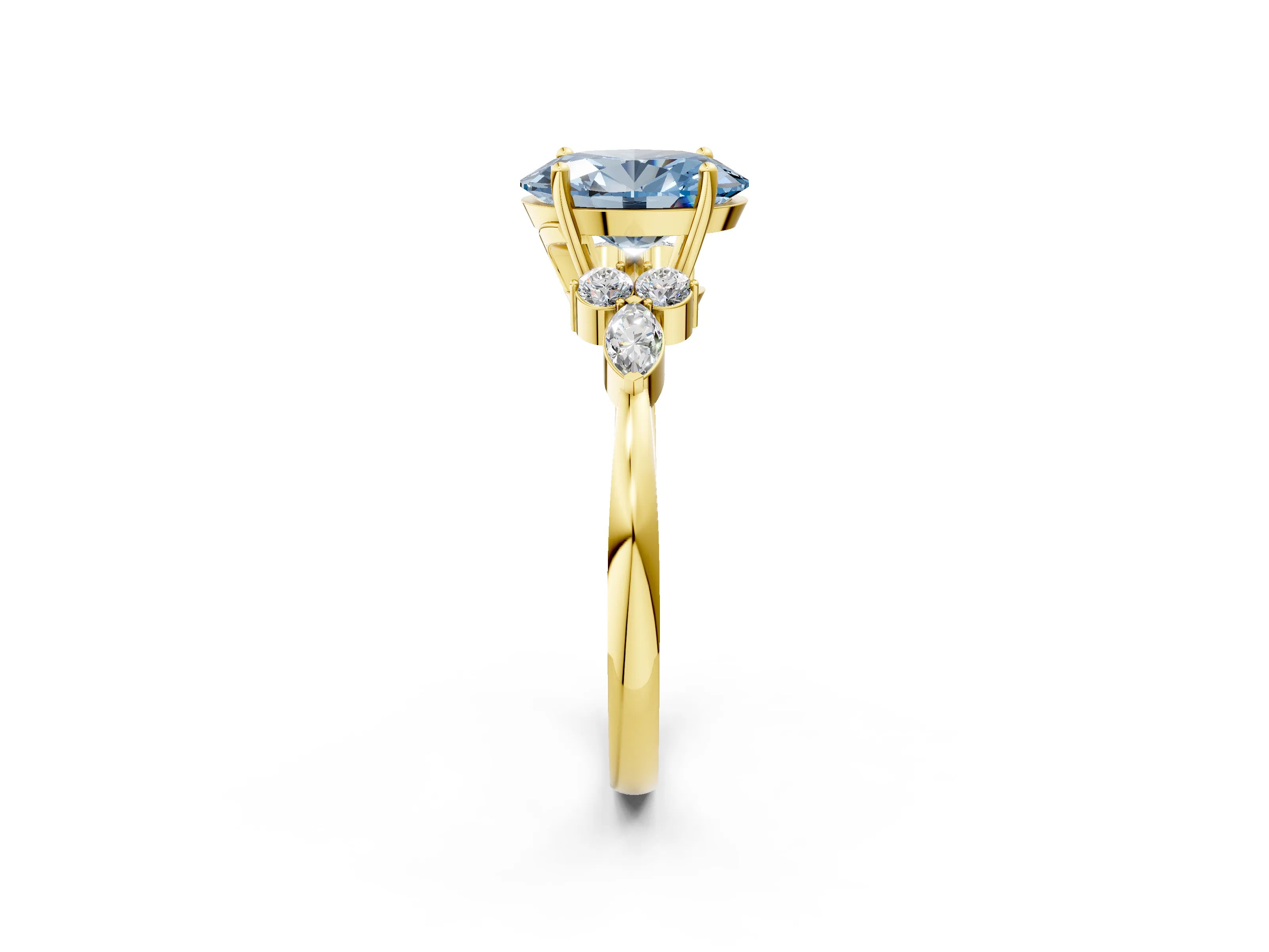 Yellow gold Fancy Blue Oval Cut Brilliant Diamond Solitaire Ring with Pear Side Stones and Four-Prong Setting_5