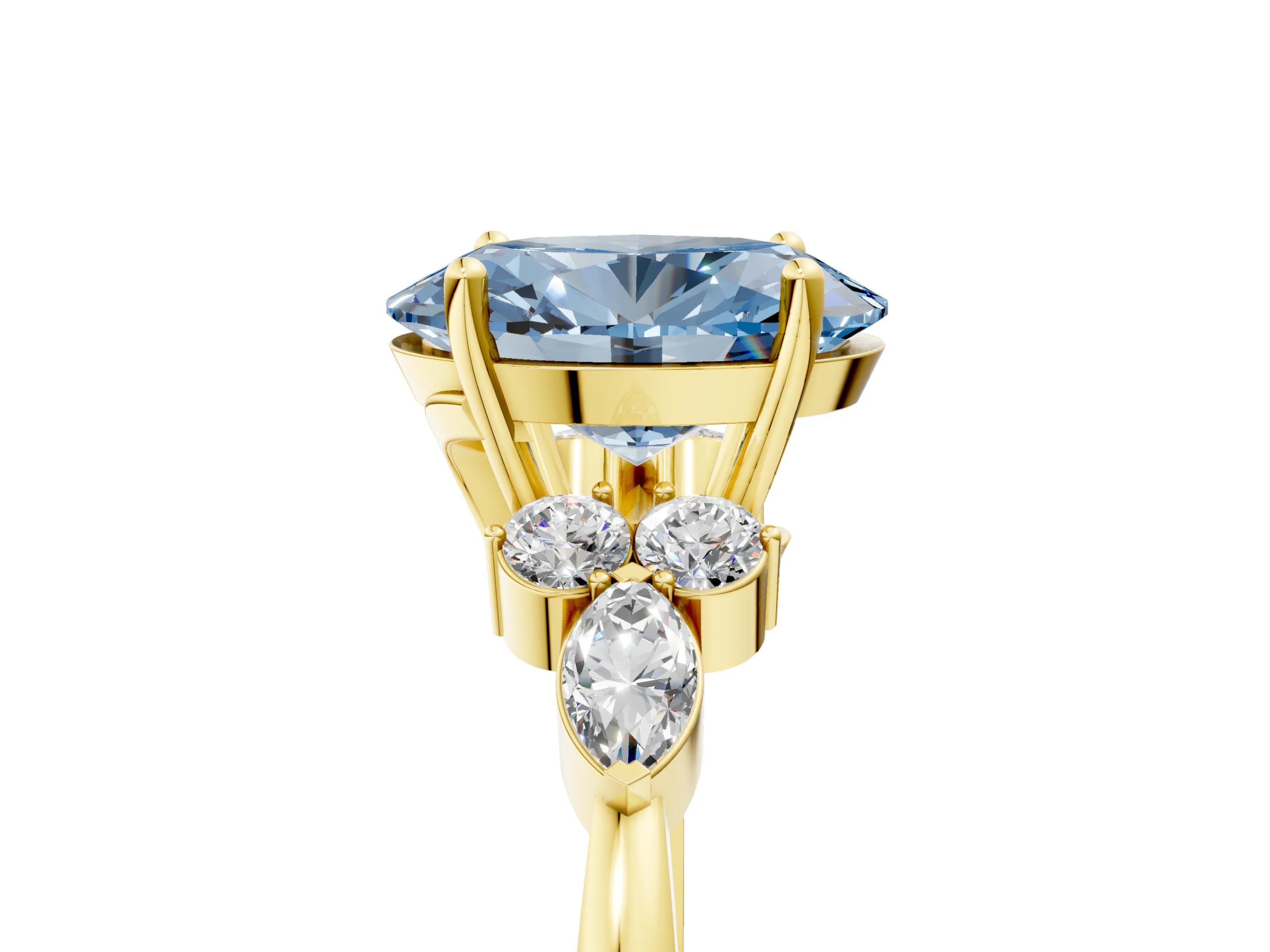 Yellow gold Fancy Blue Oval Cut Brilliant Diamond Solitaire Ring with Pear Side Stones and Four-Prong Setting_8
