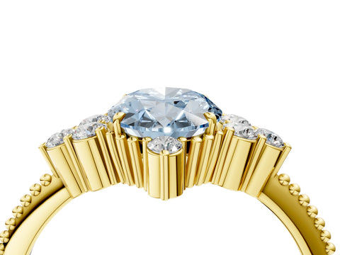 Yellow gold Fancy Blue Oval Cut Brilliant Diamond with Cluster Setting on a Beaded Band and Four-Prong Setting_4