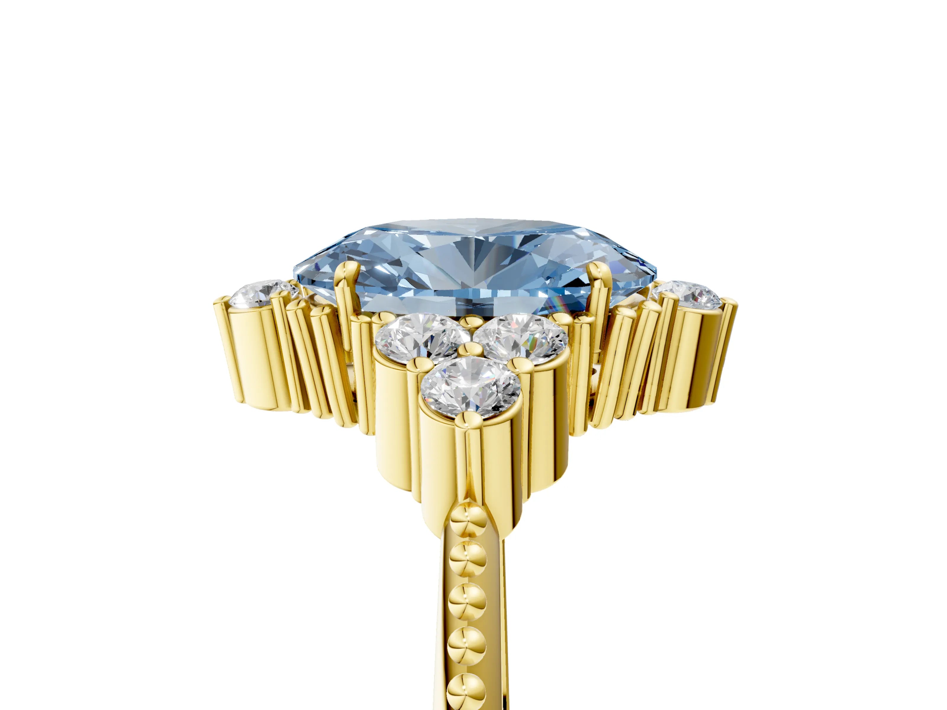 Yellow gold Fancy Blue Oval Cut Brilliant Diamond with Cluster Setting on a Beaded Band and Four-Prong Setting_5
