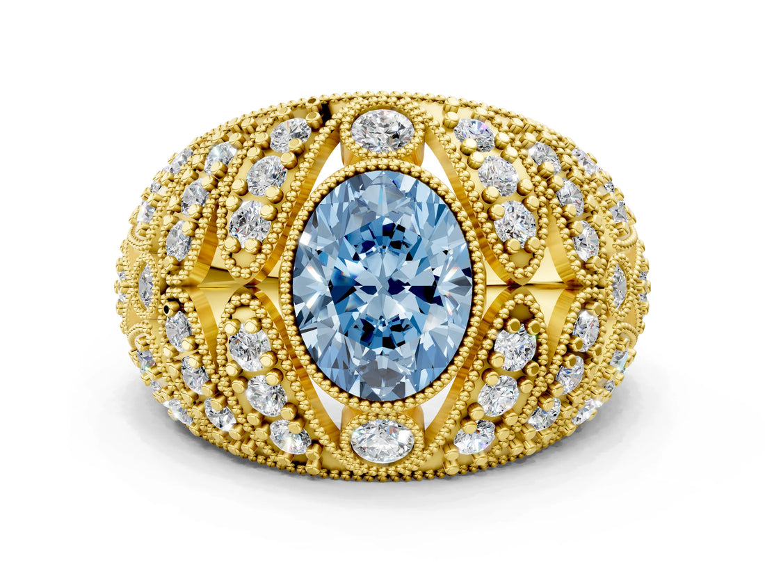 Yellow gold Fancy Blue Oval Cut Brilliant Halo Pave Diamond Milgrain Ring
