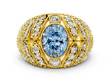 Yellow gold Fancy Blue Oval Cut Brilliant Halo Pave Diamond Milgrain Ring