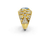 Yellow gold Fancy Blue Oval Cut Brilliant Halo Pave Diamond Milgrain Ring_2