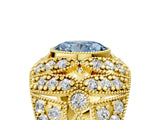 Yellow gold Fancy Blue Oval Cut Brilliant Halo Pave Diamond Milgrain Ring_5