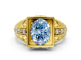 Yellow gold Fancy Blue Oval Cut Brilliant Milgrain Filigree Diamond Ring with Square Prong Setting