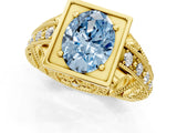 Yellow gold Fancy Blue Oval Cut Brilliant Milgrain Filigree Diamond Ring with Square Prong Setting_1