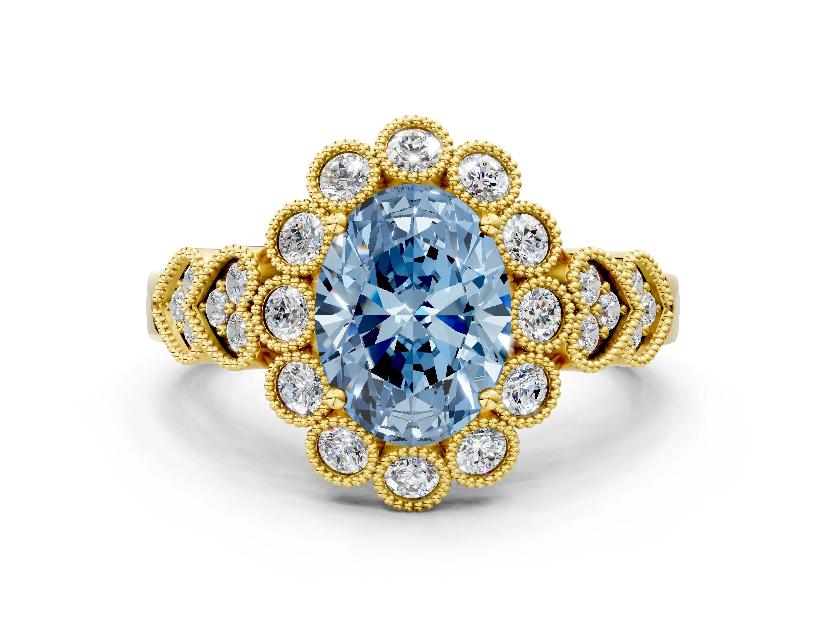 Yellow gold Fancy Blue Oval Cut Brilliant Milgrain Pave Heart Band Solitaire Ring