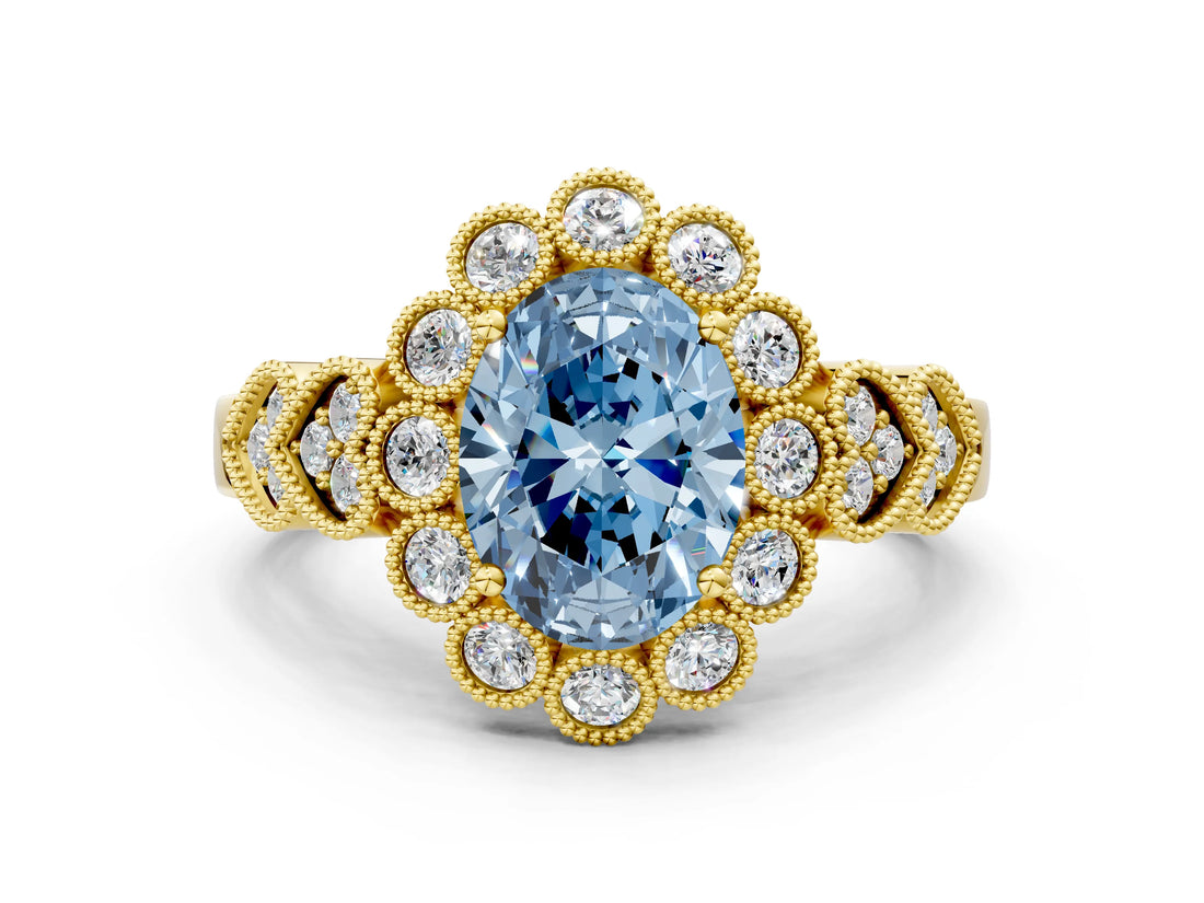 Yellow gold Fancy Blue Oval Cut Brilliant Milgrain Pave Heart Band Solitaire Ring