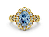 Yellow gold Fancy Blue Oval Cut Brilliant Milgrain Pave Heart Band Solitaire Ring