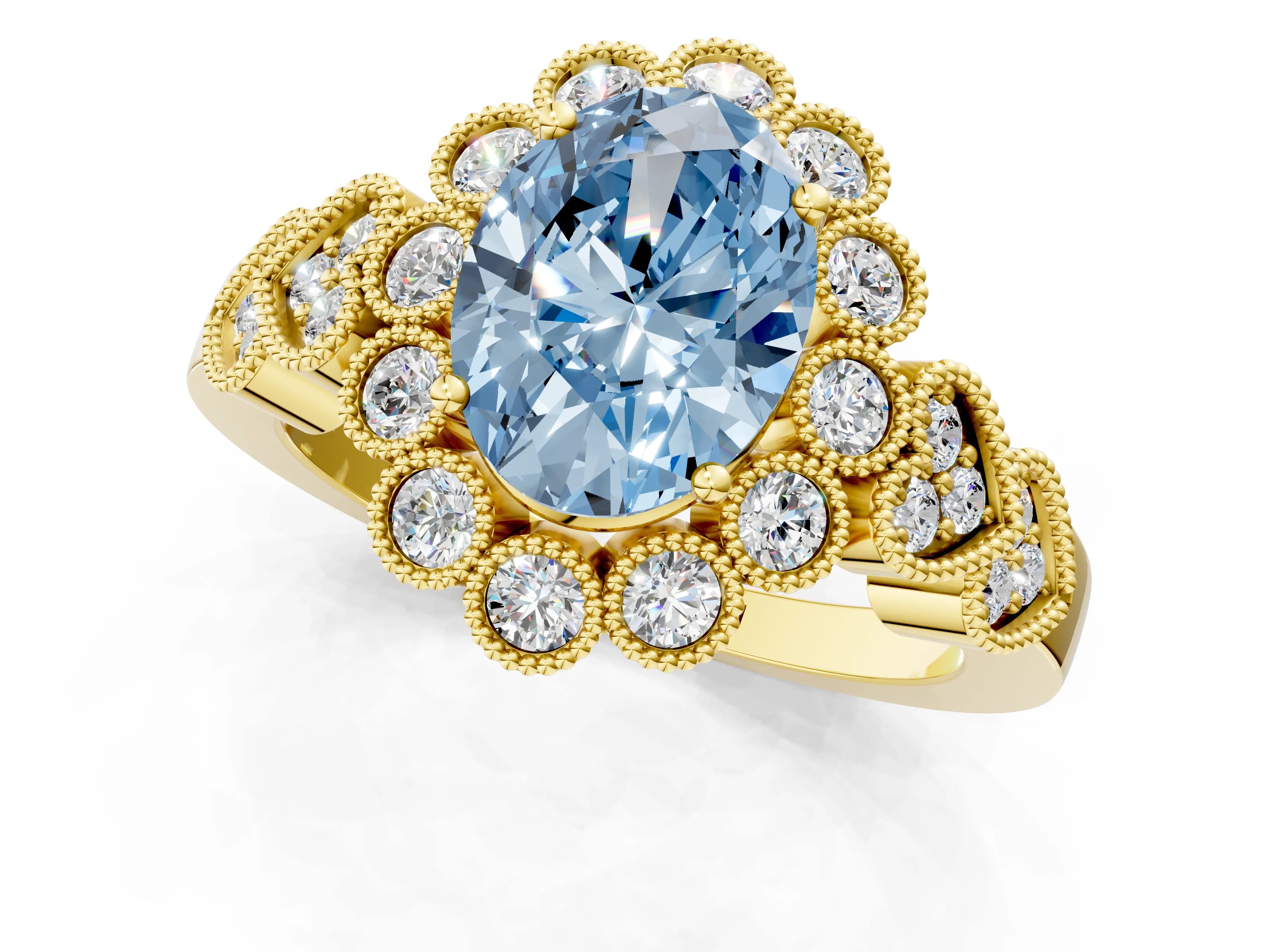 Yellow gold Fancy Blue Oval Cut Brilliant Milgrain Pave Heart Band Solitaire Ring_1