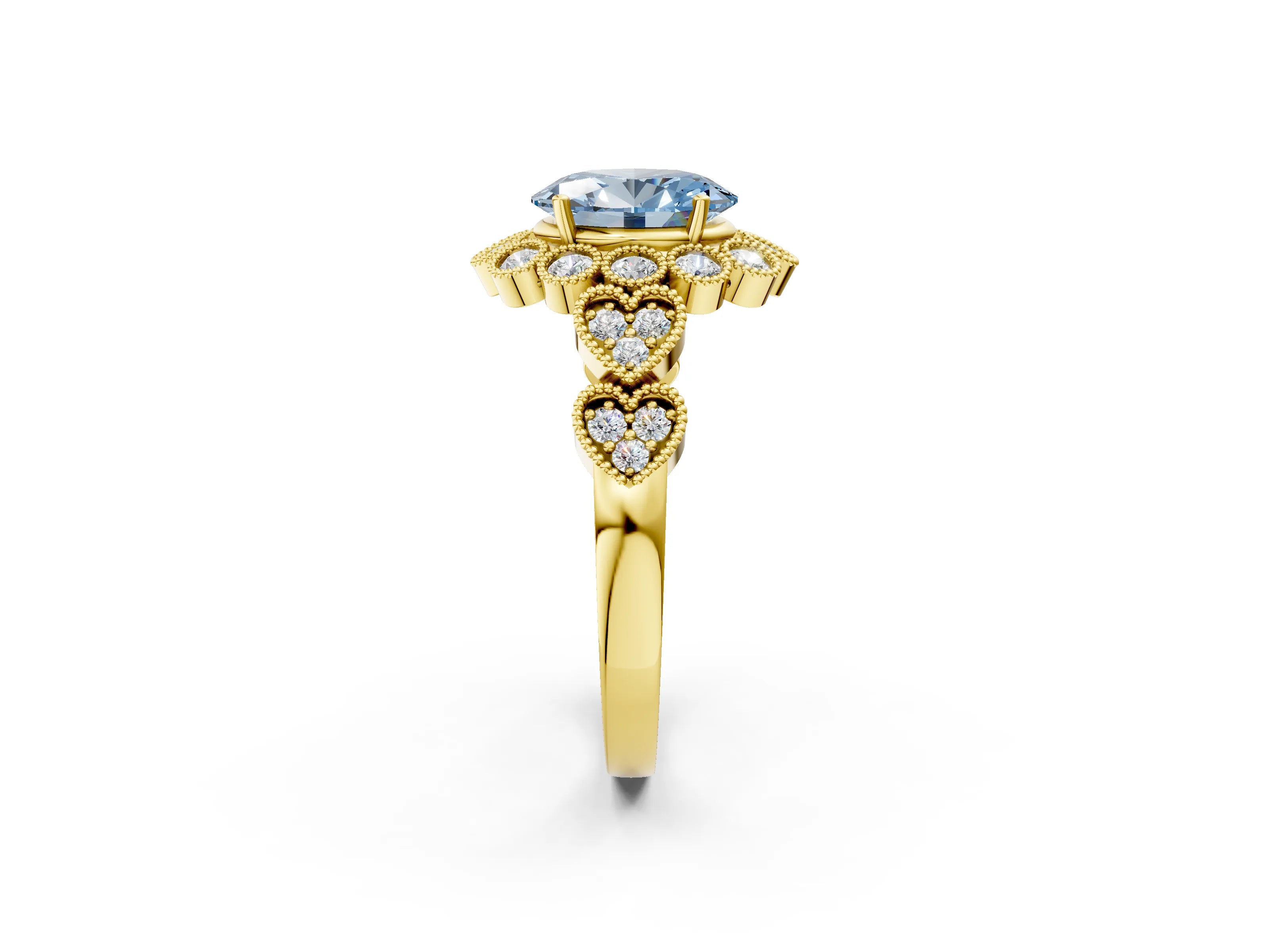Yellow gold Fancy Blue Oval Cut Brilliant Milgrain Pave Heart Band Solitaire Ring_2