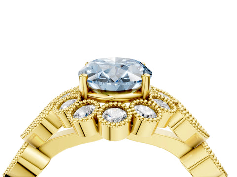Yellow gold Fancy Blue Oval Cut Brilliant Milgrain Pave Heart Band Solitaire Ring_4