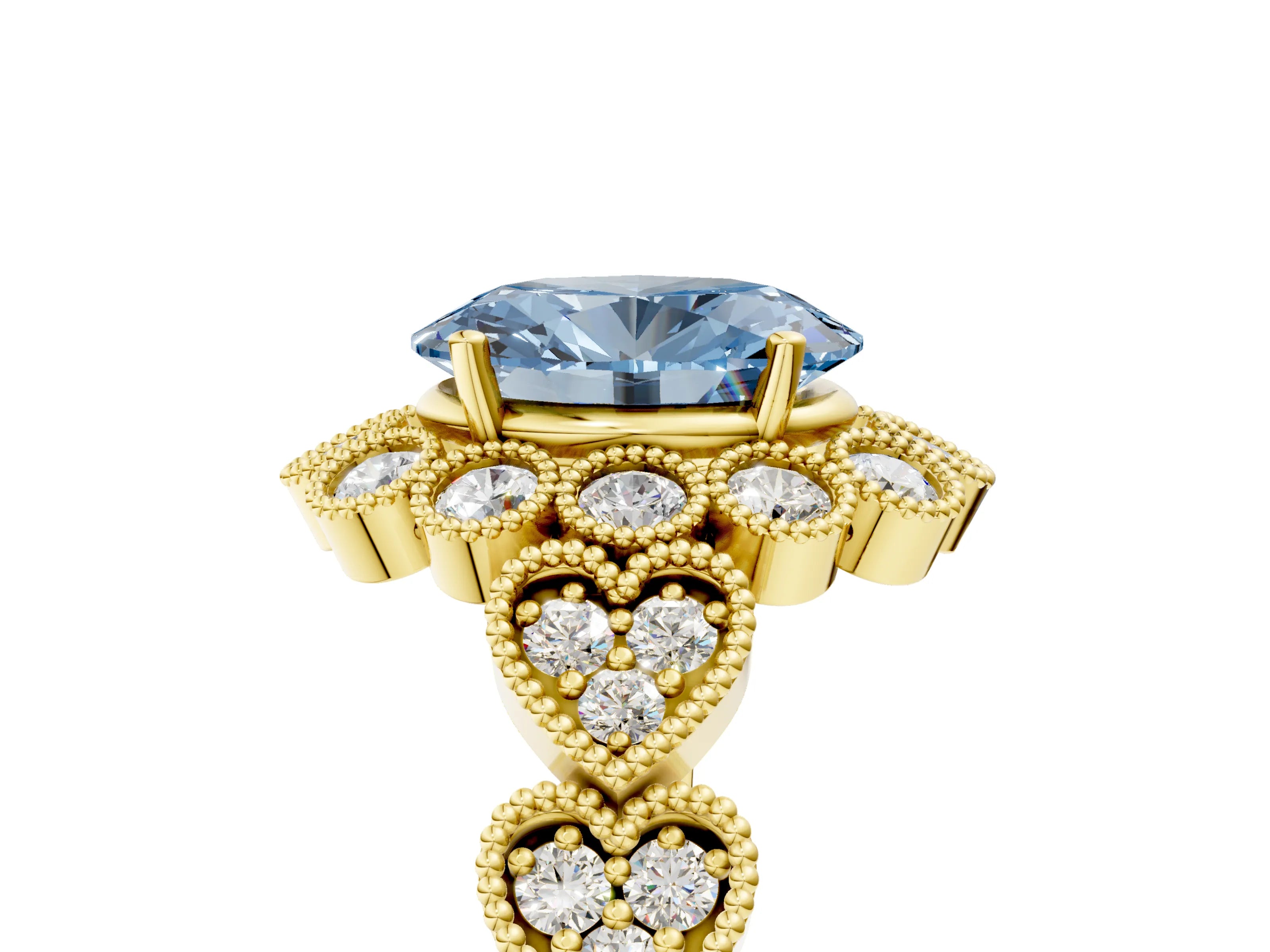 Yellow gold Fancy Blue Oval Cut Brilliant Milgrain Pave Heart Band Solitaire Ring_5