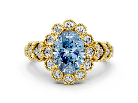 Yellow gold Fancy Blue Oval Cut Brilliant Milgrain Pave Heart Band Solitaire Ring