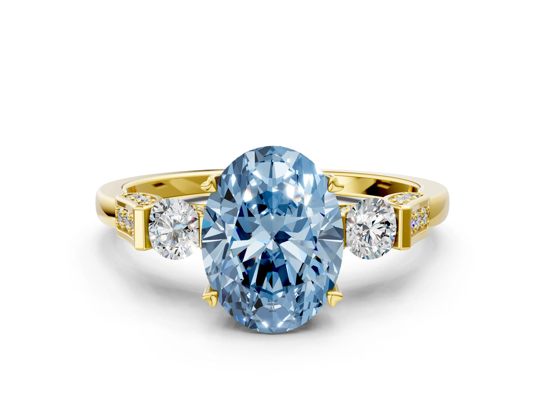 Yellow gold Fancy Blue Oval Cut Brilliant Three-Stone Pave Band with Four-Prong Setting_6