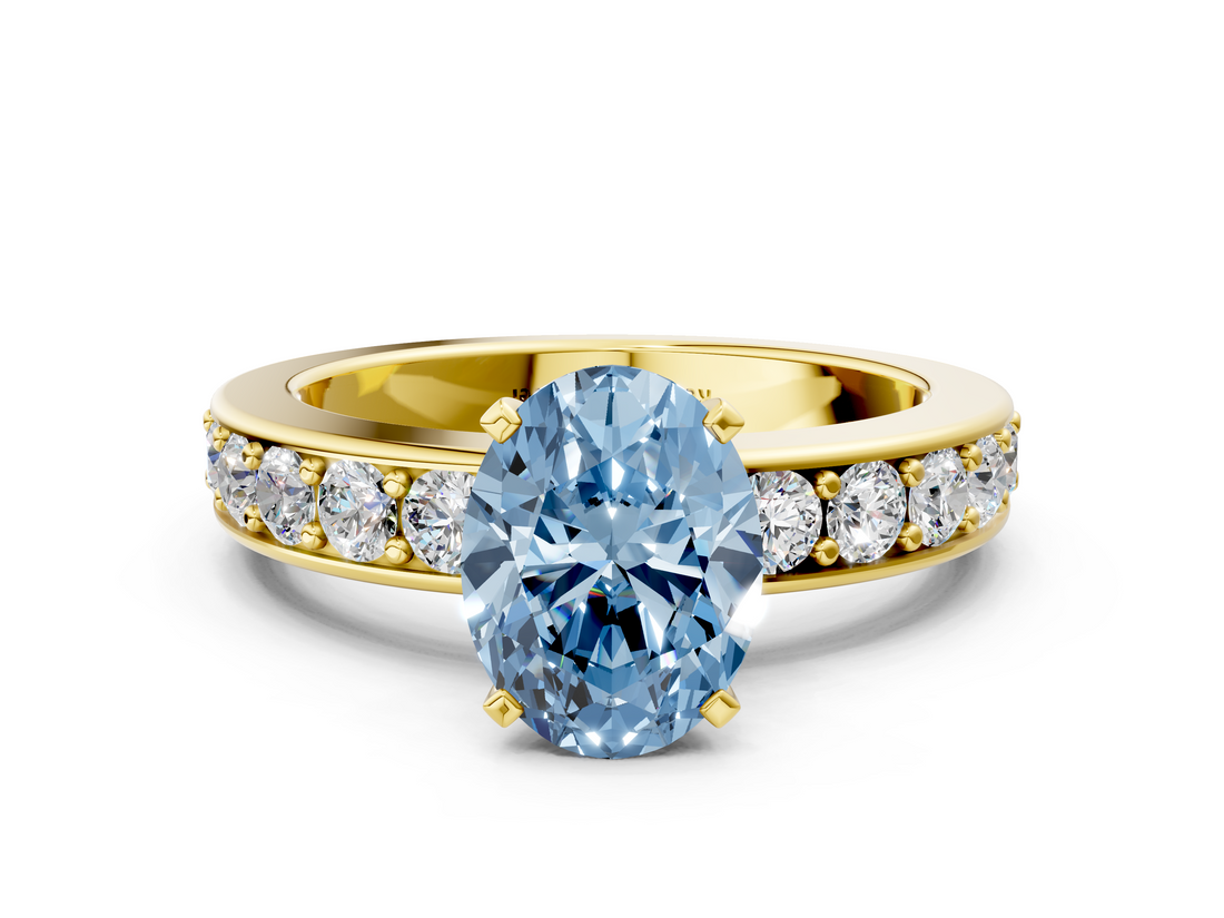 Yellow gold Fancy Blue Oval  Cut Channel Set Diamond Engagement Ring with Four-Prong Setting_253