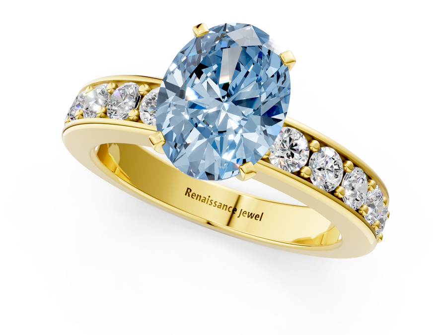 Yellow gold Fancy Blue Oval  Cut Channel Set Diamond Engagement Ring with Four-Prong Setting