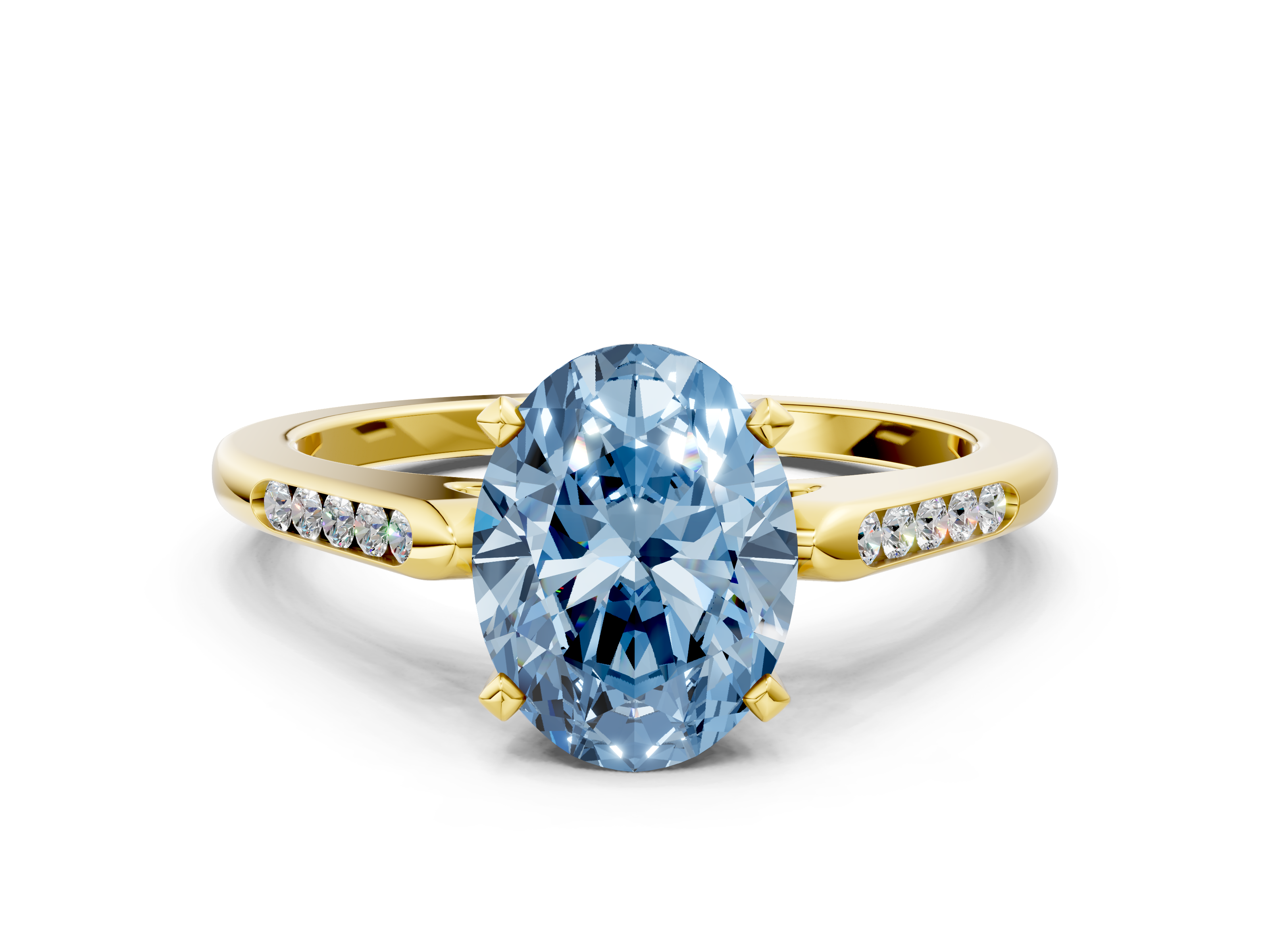 Yellow gold Fancy Blue Oval Cut Diamond Solitaire Ring with Channel Se
