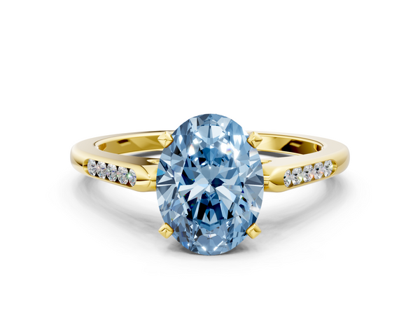 Yellow gold Fancy Blue Oval  Cut Channel Set Solitaire Engagement Ring with Four-Prong Setting
