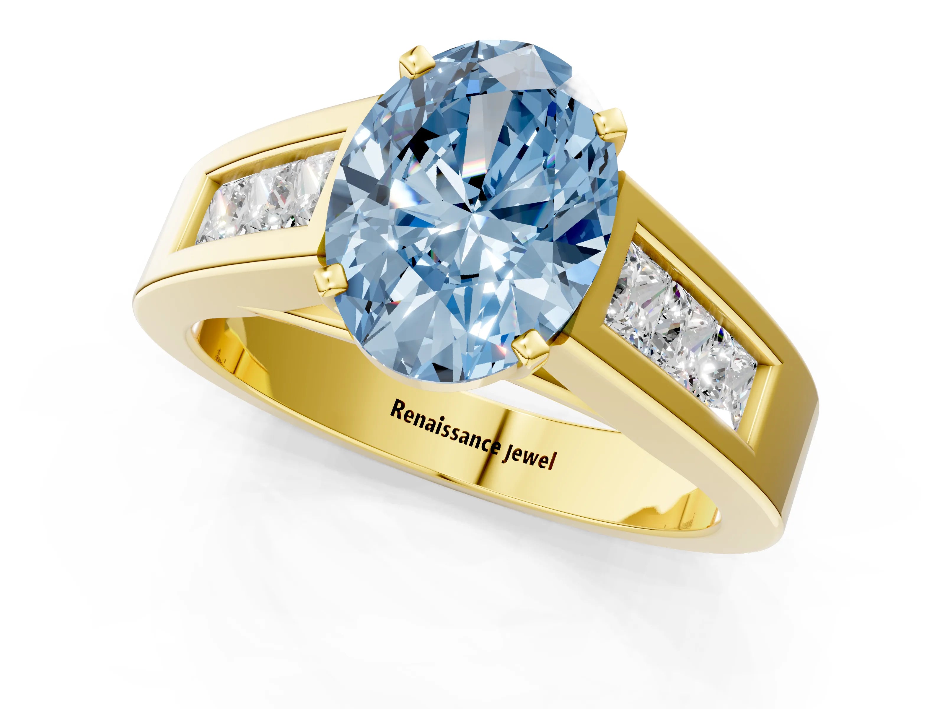 Yellow gold Fancy Blue Oval Cut Cut Channel Set Solitaire Ring with Four-Prong Setting_1