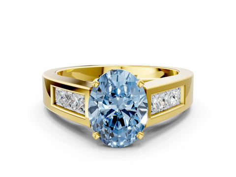 Yellow gold Fancy Blue Oval Cut Cut Channel Set Solitaire Ring with Four-Prong Setting