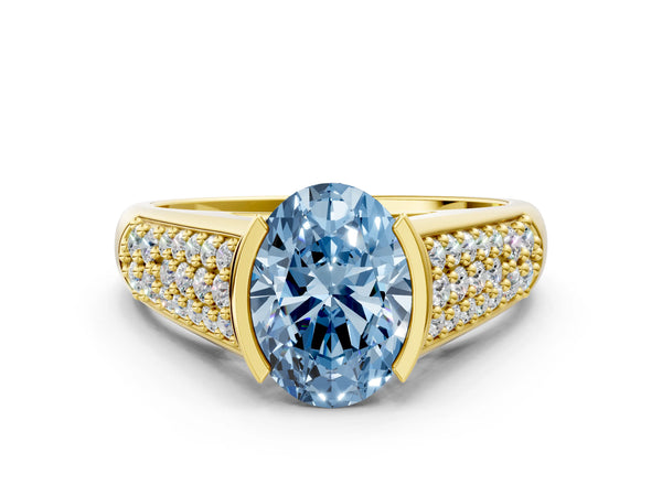 Yellow gold Fancy Blue Oval Cut Diamond Channel Set Pave Band with Tension Prong Setting