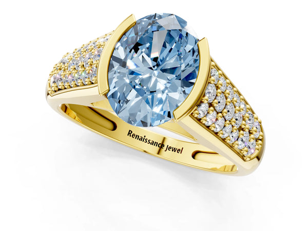 Yellow gold Fancy Blue Oval Cut Diamond Channel Set Pave Band with Tension Prong Setting
