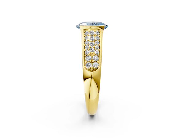 Yellow gold Fancy Blue Oval Cut Diamond Channel Set Pave Band with Tension Prong Setting