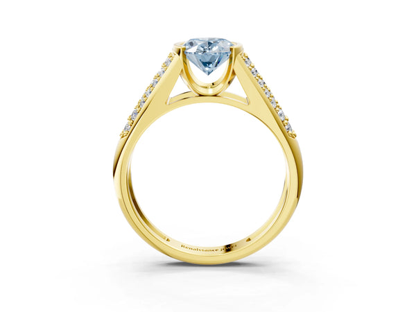 Yellow gold Fancy Blue Oval Cut Diamond Channel Set Pave Band with Tension Prong Setting