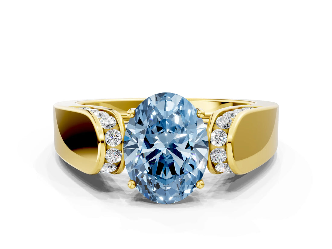 Yellow gold Fancy Blue Oval Cut Cut Diamond Channel Set Solitaire Ring with Four-Prong Setting