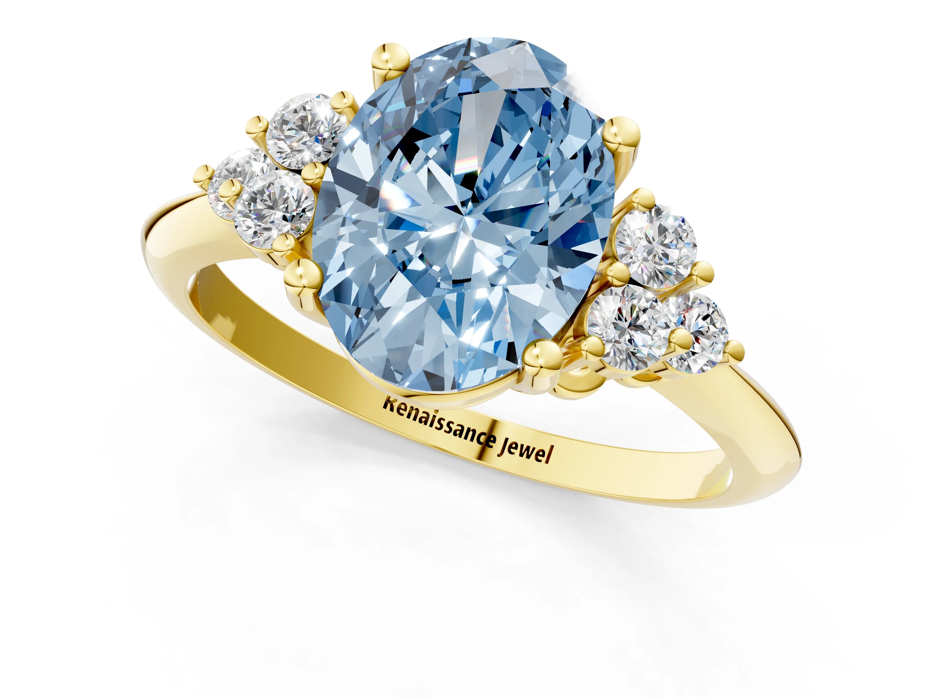 Yellow gold Fancy Blue Oval Cut Cut Diamond Cluster Ring with Solitaire Band and Four-Prong Setting_1