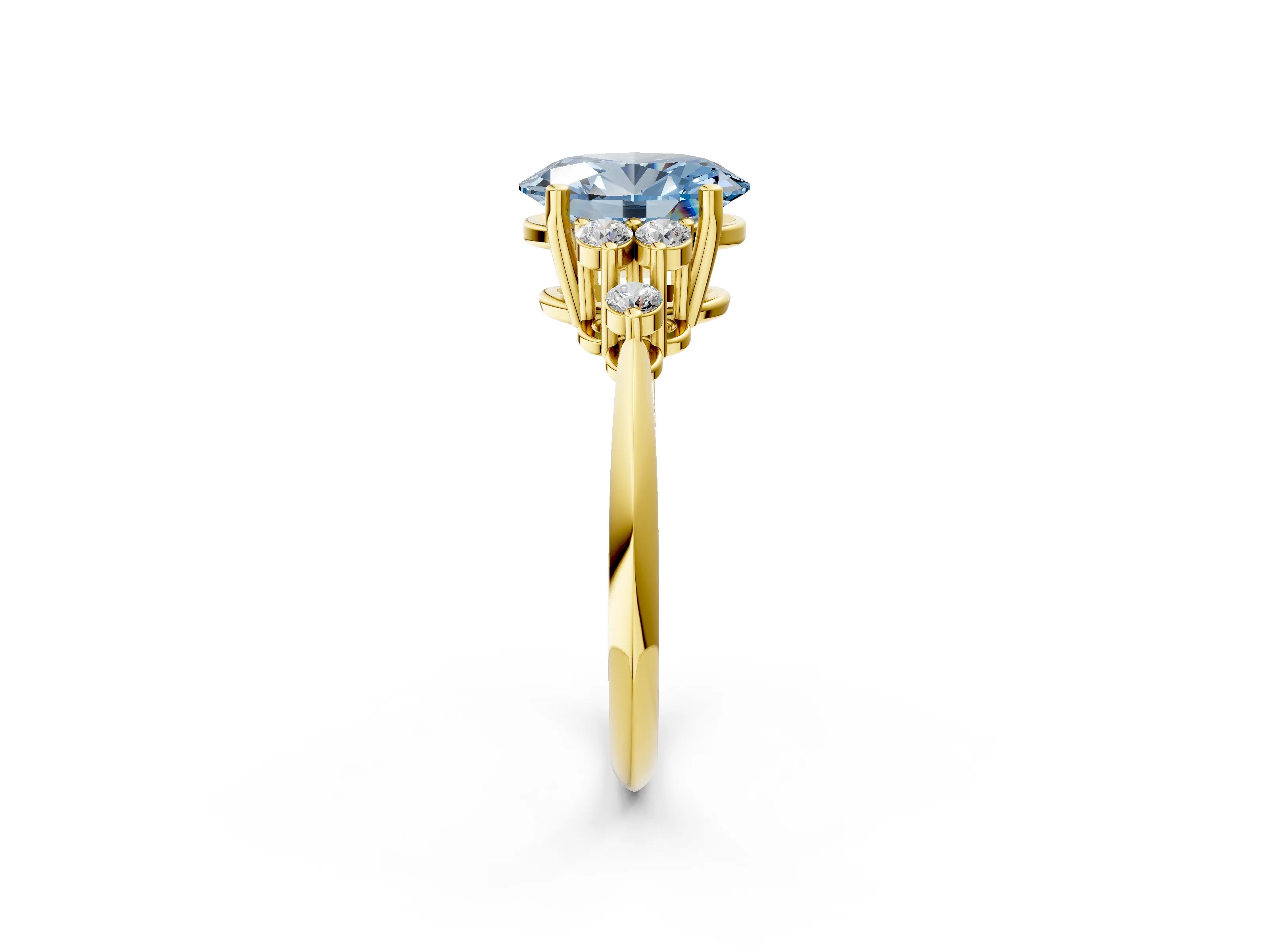 Yellow gold Fancy Blue Oval Cut Cut Diamond Cluster Ring with Solitaire Band and Four-Prong Setting_2