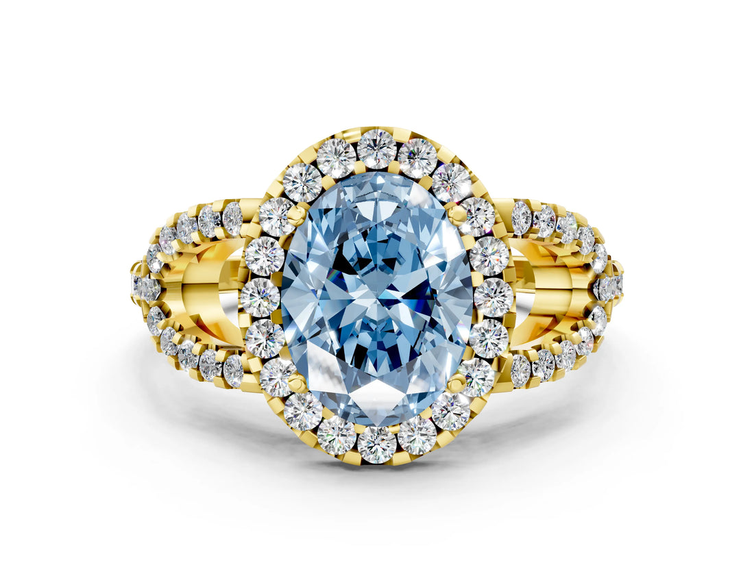 Yellow gold Fancy Blue Oval Cut Cut Diamond Halo Engagement Ring with Open Split Pavé Band