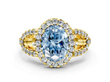 Yellow gold Fancy Blue Oval Cut Cut Diamond Halo Engagement Ring with Open Split Pavé Band