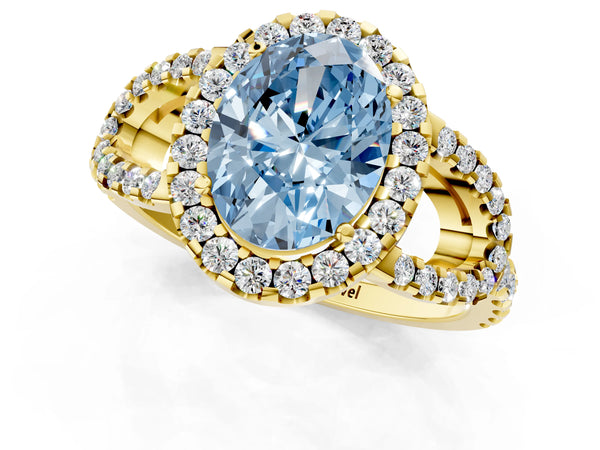 Yellow Gold Oval Split Shank Pave Halo Engagement Ring Setting for Fancy Blue Center