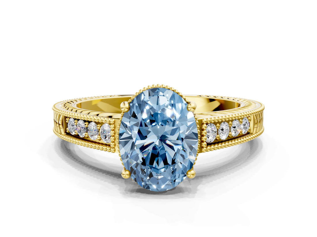 Yellow gold Fancy Blue Oval Cut Cut Diamond Milgrain Pave Band Four-Prong Setting Ring_3