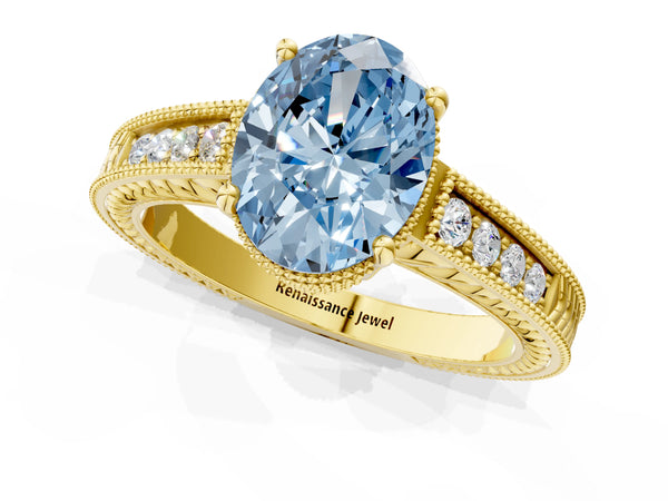 Yellow gold Fancy Blue Oval Cut Cut Diamond Milgrain Pave Band Four-Prong Setting Ring