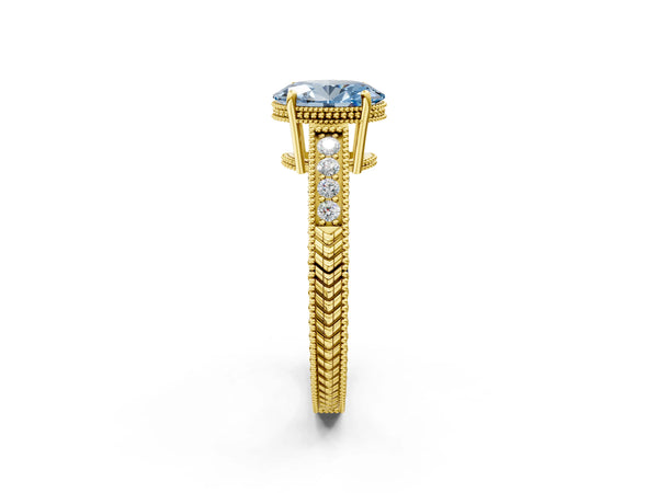 Yellow gold Fancy Blue Oval Cut Cut Diamond Milgrain Pave Band Four-Prong Setting Ring