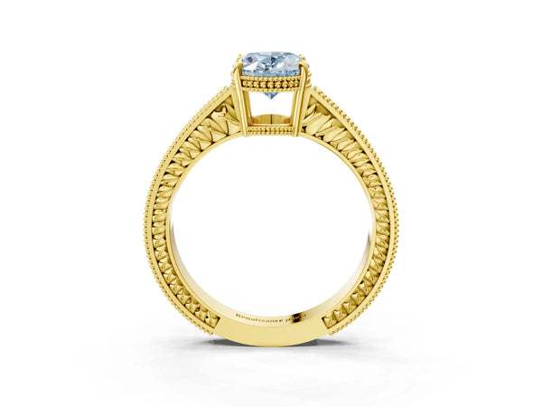Yellow gold Fancy Blue Oval Cut Cut Diamond Milgrain Pave Band Four-Prong Setting Ring