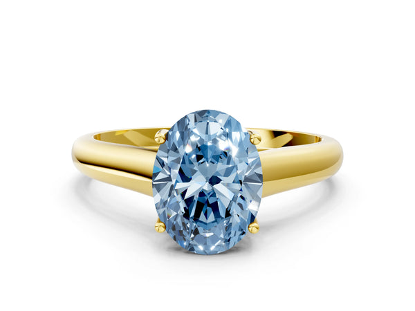 Yellow Gold Oval Cathedral Solitaire Engagement Ring Setting for Fancy Blue Center with Wide Tapered Plain Band