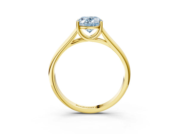 Yellow Gold Oval Cathedral Solitaire Engagement Ring Setting for Fancy Blue Center with Wide Tapered Plain Band