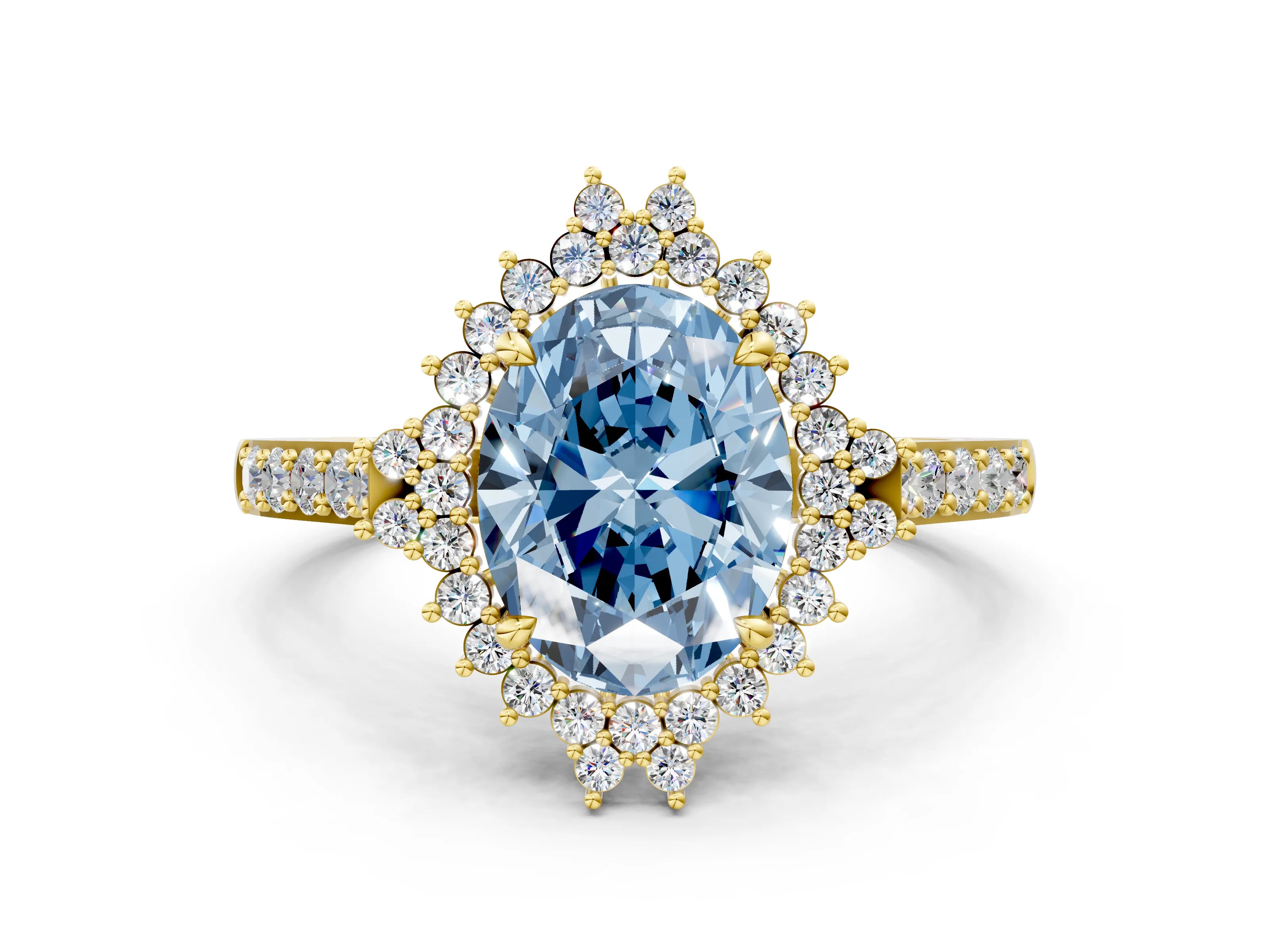 Yellow gold Fancy Blue Oval Cut Cut Diamond Sunburst Halo Engagement Ring with Pavé Band_12