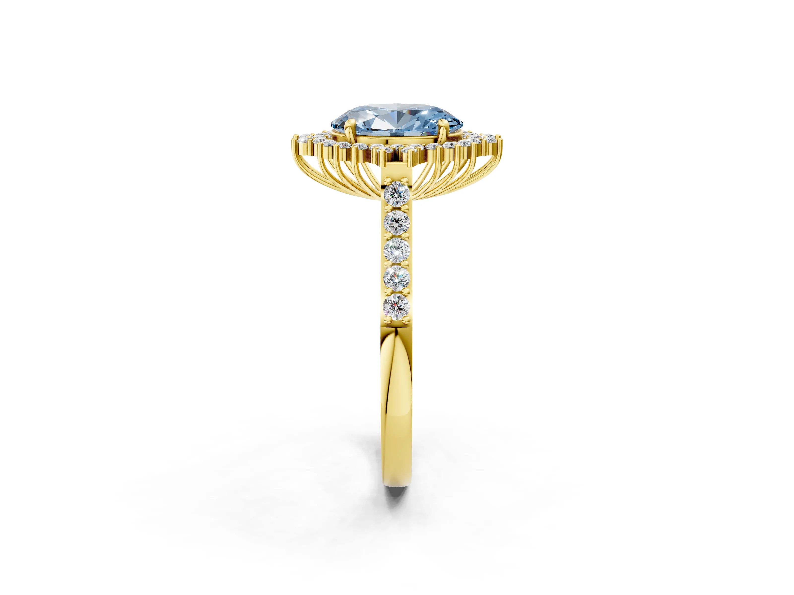 Yellow gold Fancy Blue Oval Cut Cut Diamond Sunburst Halo Engagement Ring with Pavé Band_14