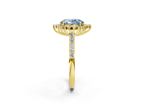 Yellow gold Fancy Blue Oval Cut Cut Diamond Sunburst Halo Engagement Ring with Pavé Band_14