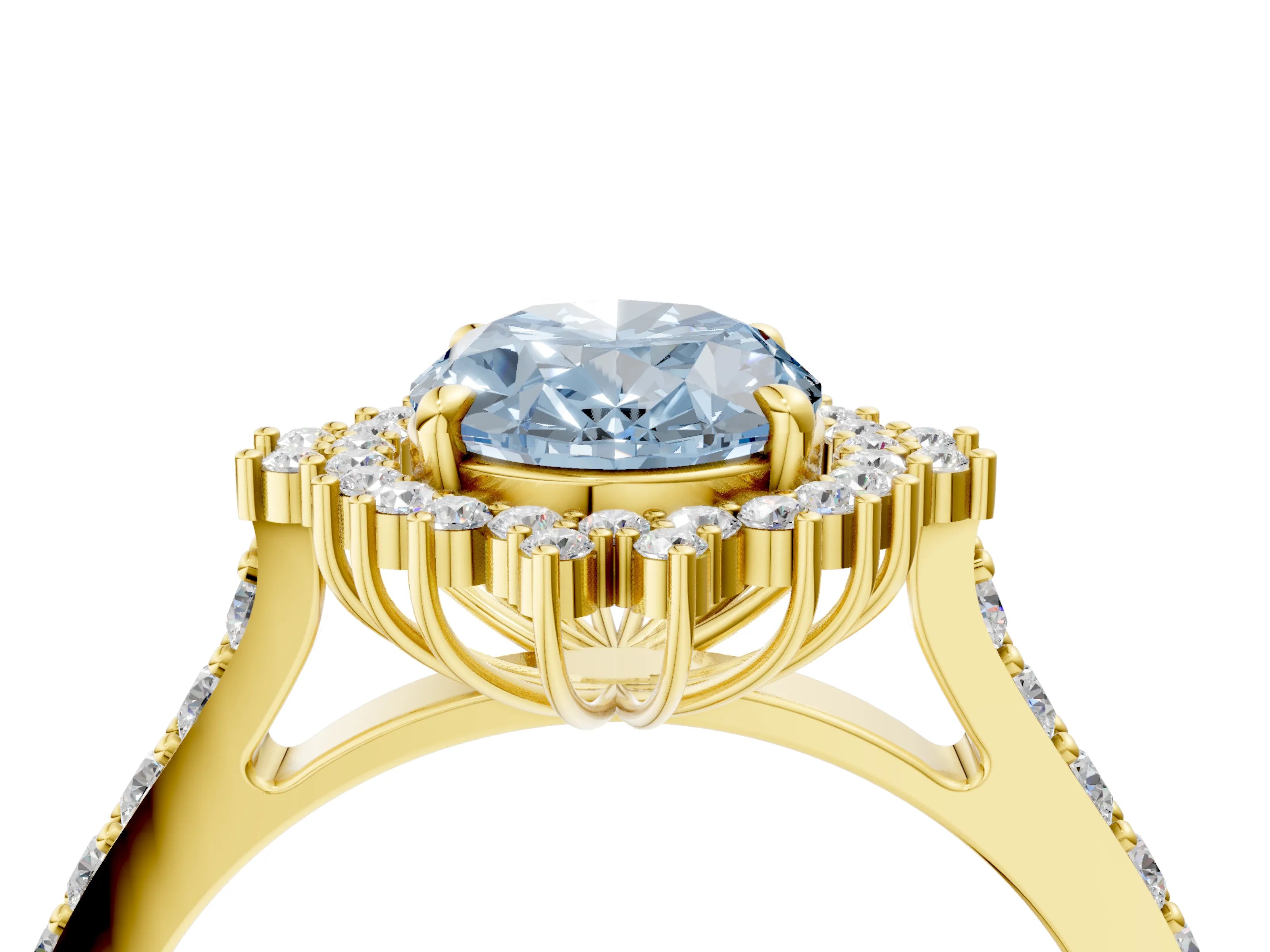 Yellow gold Fancy Blue Oval Cut Cut Diamond Sunburst Halo Engagement Ring with Pavé Band_16