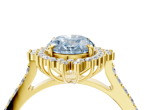 Yellow gold Fancy Blue Oval Cut Cut Diamond Sunburst Halo Engagement Ring with Pavé Band_16
