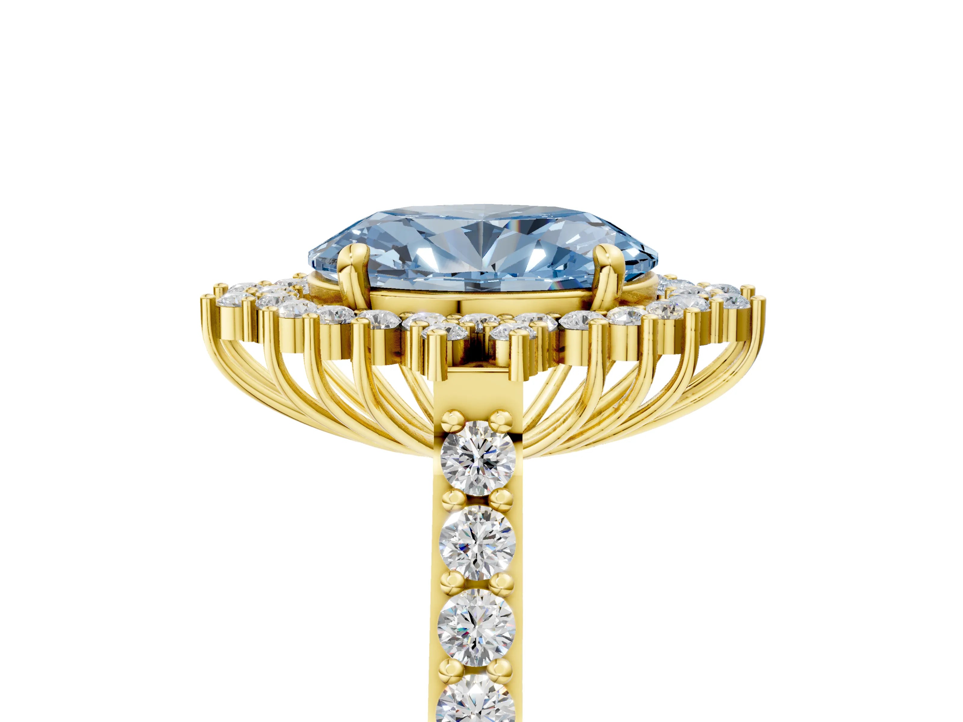 Yellow gold Fancy Blue Oval Cut Cut Diamond Sunburst Halo Engagement Ring with Pavé Band_17